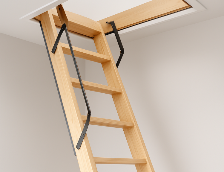 A wooden loft ladder extended into an attic opening, showcasing its sturdy construction and design.