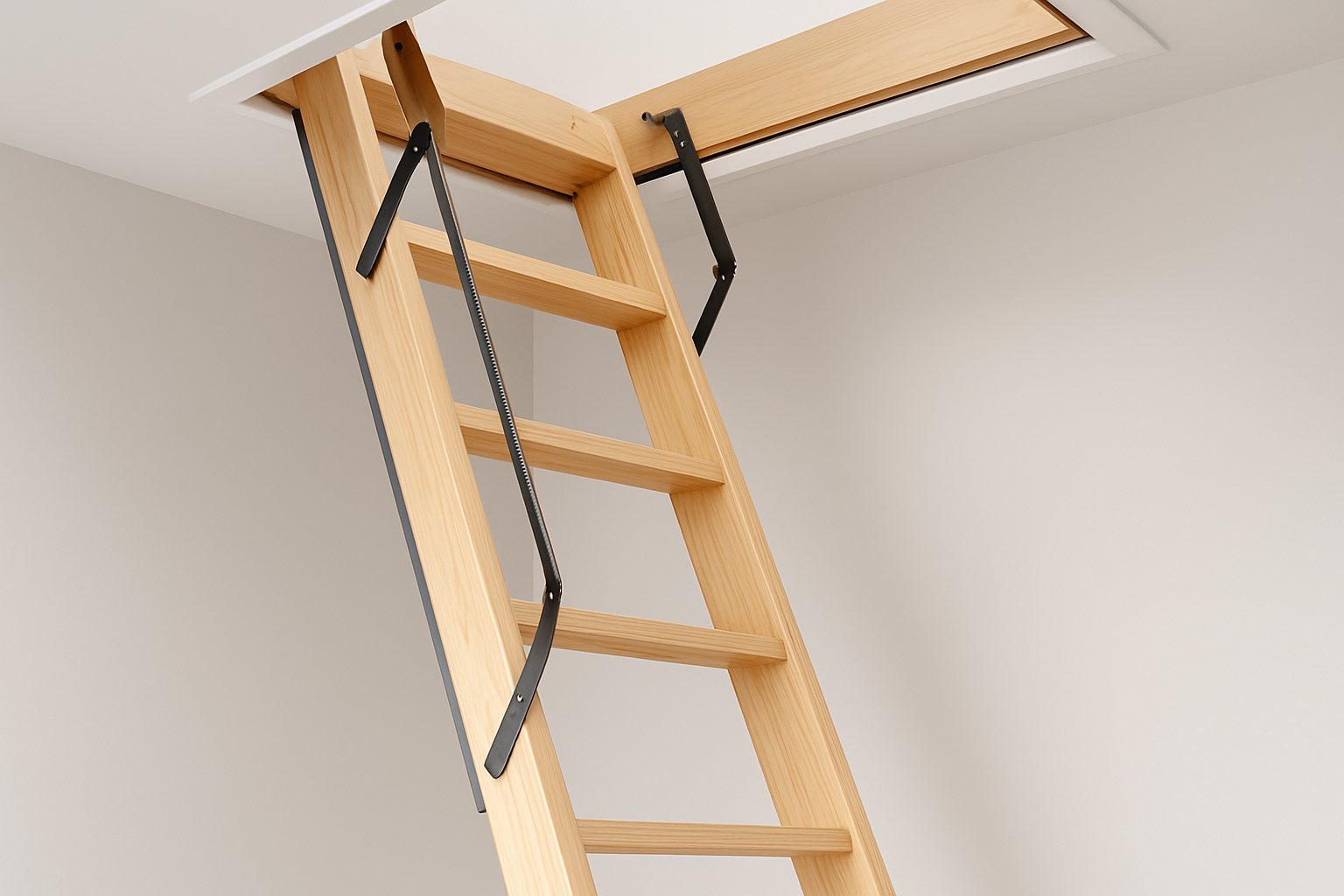 A wooden loft ladder extended into an attic opening, showcasing its sturdy construction and design.